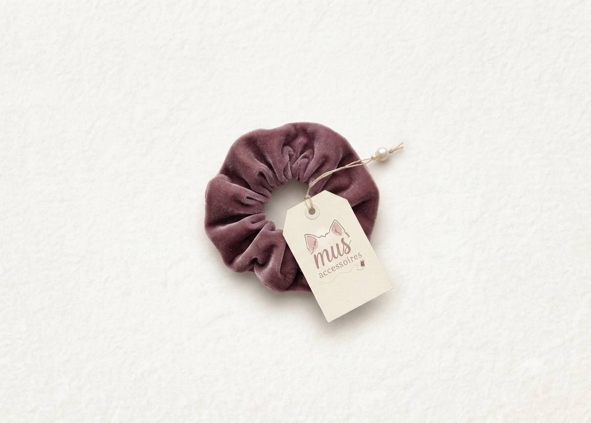 Chouchou en velours prune avec étiquette perle Mus Accessoires